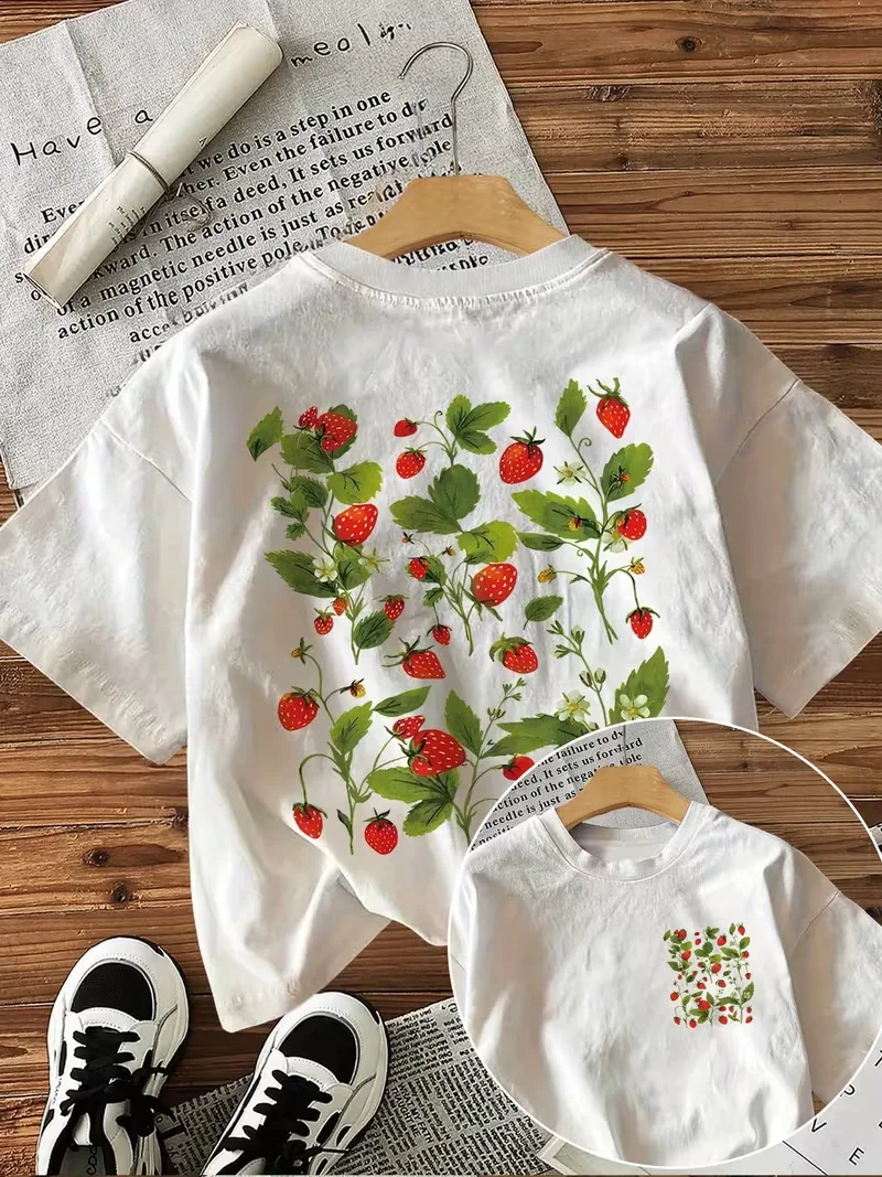Strawberry Botanical Print T-Shirt,Women's T-shirt with Front & Back Design,Crew Neck Short Sleeve, Cottagecore Fruit Summer Tee