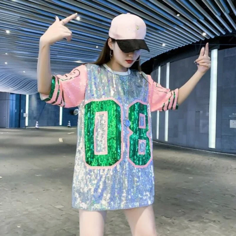 

#0202 Summer Harajuku Baseball T Shirt Women Spliced Color Shinny Sequins Short Sleeve T Shirt Oversize Loose Streetwear Hip Hop