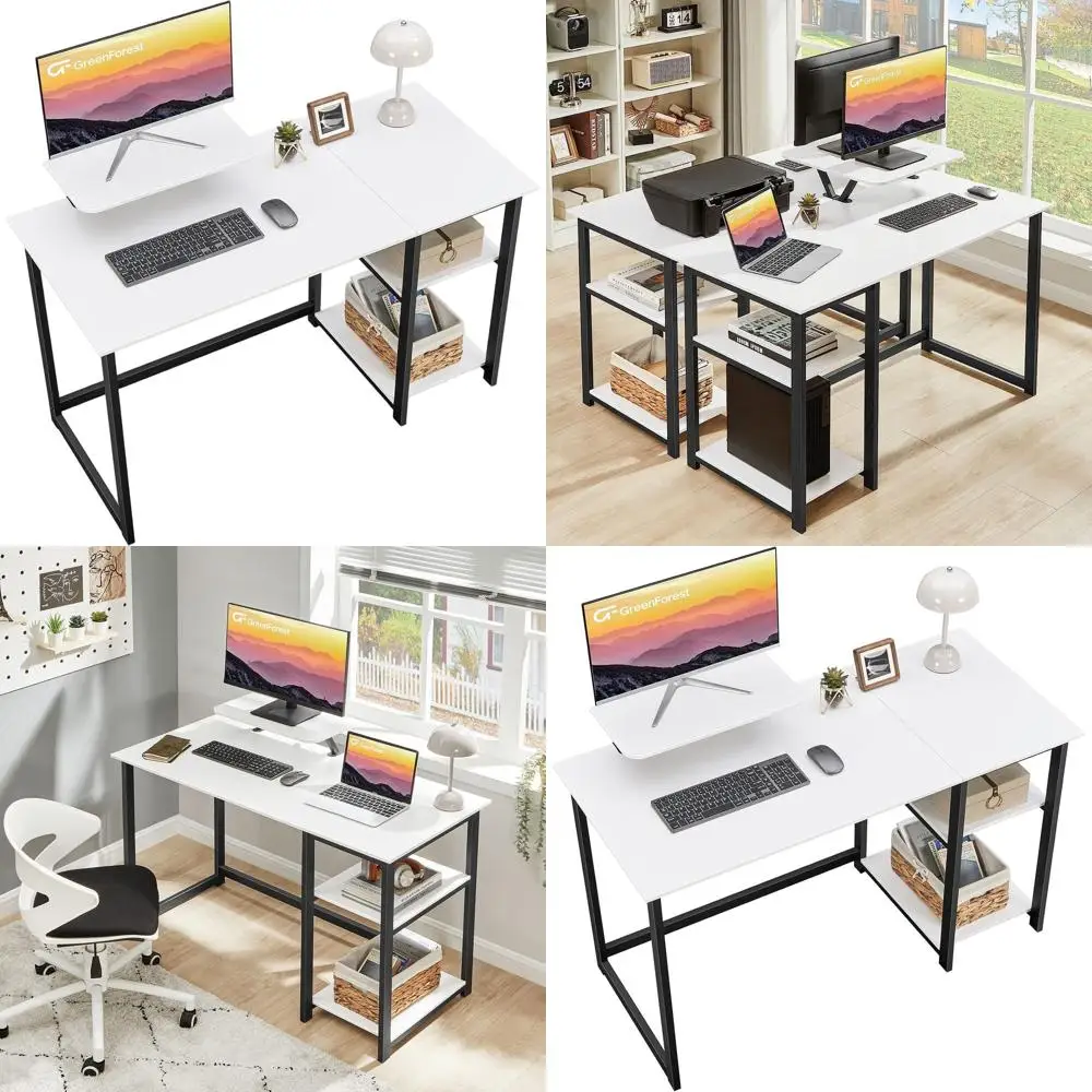 

39. Белый компактный стол с подставкой для монитора и двусторонними полками для небольших офисных помещений.