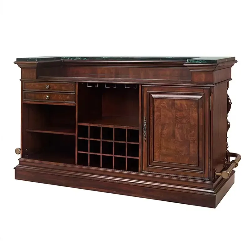 American European Retro Style Solid Wood Bar Table with Marble Countertop for Family Living Room Island Reception Desk