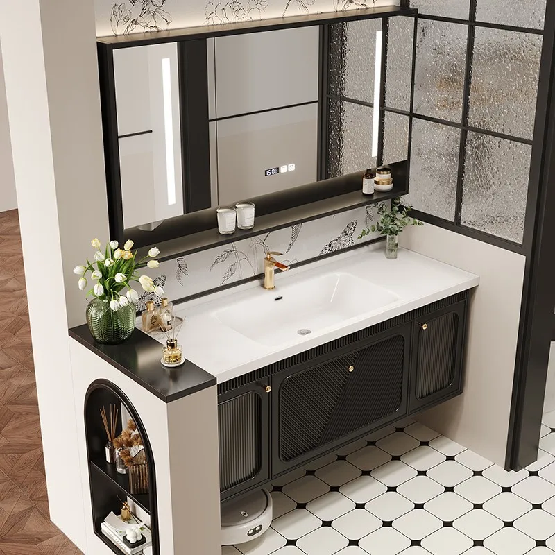 Factory Direct 2026 French retro bathroom cabinet combination oak rock slab seamless ceramic integrated basin toilet hand washba