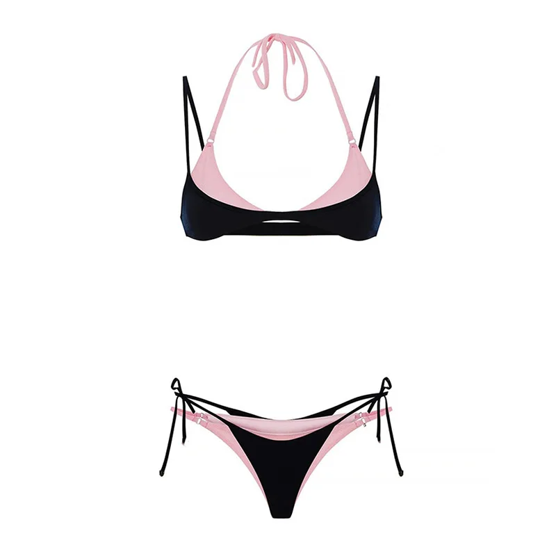 Contrast Fashion Sexy Contrast Bikini Set Double Triangle Hanging Neck Side Strap Thong Two-piece Summer Beach Swimsuit Women