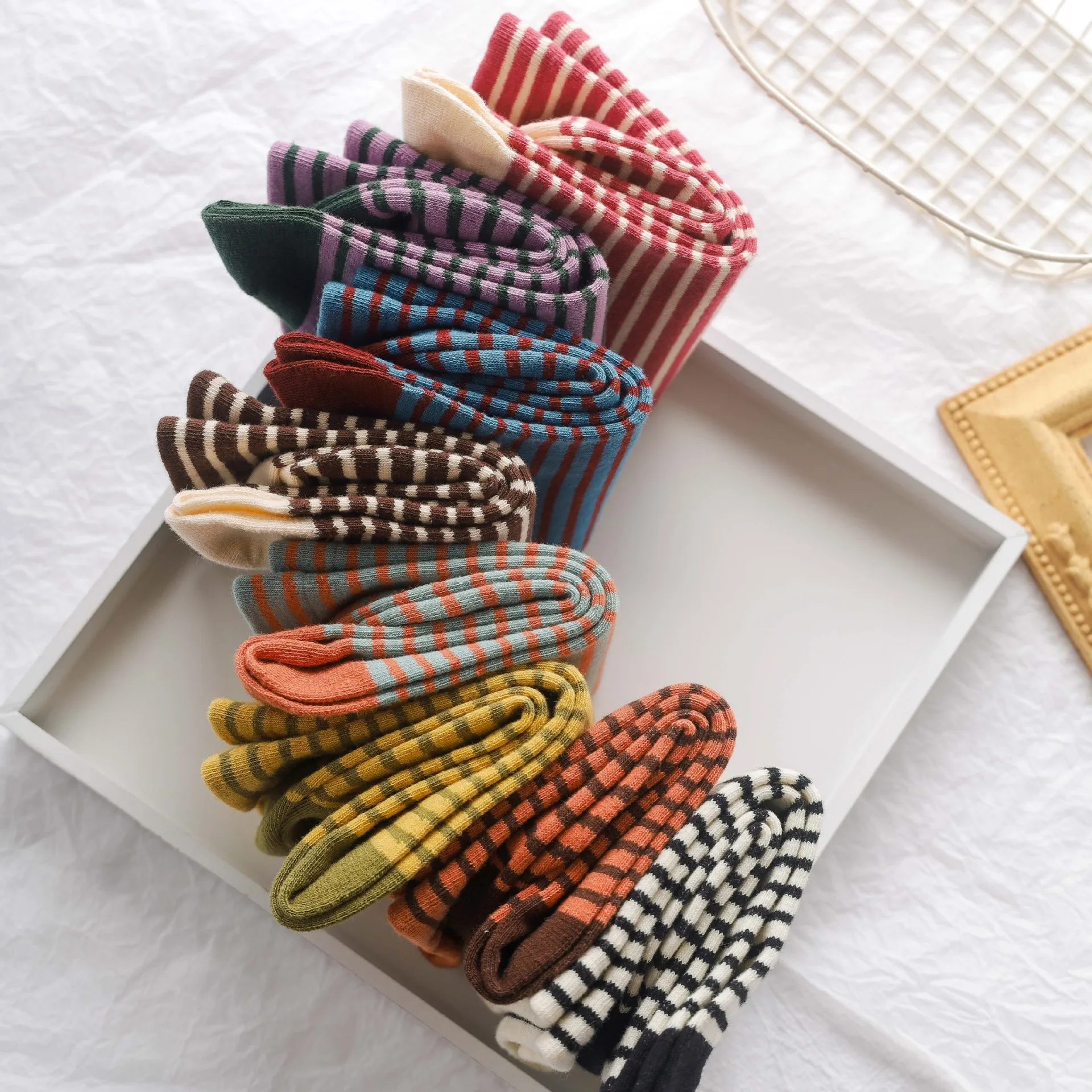 5 Pairs Ladies' Socks Set Korean Striped Simple Versatile Contrasting Color Mid Tube Sock Comfortable Cotton Pile Socks For Girl