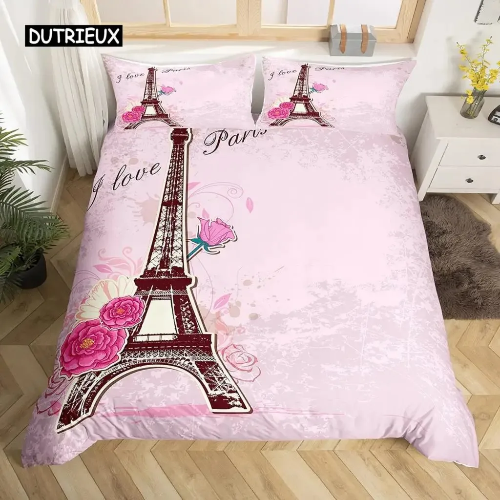 

Eiffel Tower Duvet Cover Set King Paris Building Themed Couple Bedding Set Polyester Cityscape Romantic Pink Rose Quilt Cover