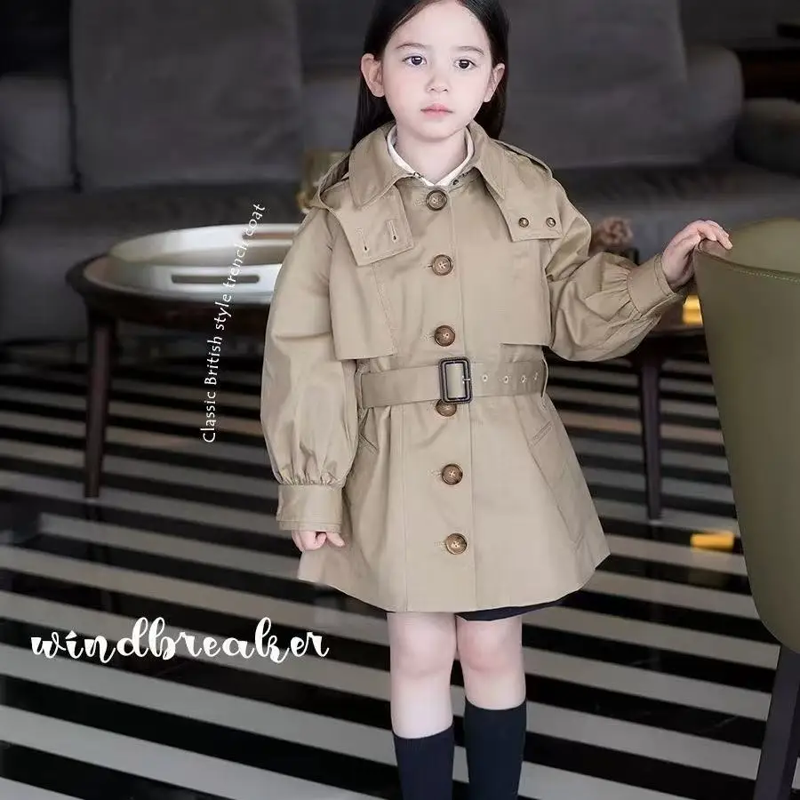 

2-7 Year Spring and Autumn Girls Trench Coat 2025 New Children's British Style Medium Long Hooded Jacket 90-140CM