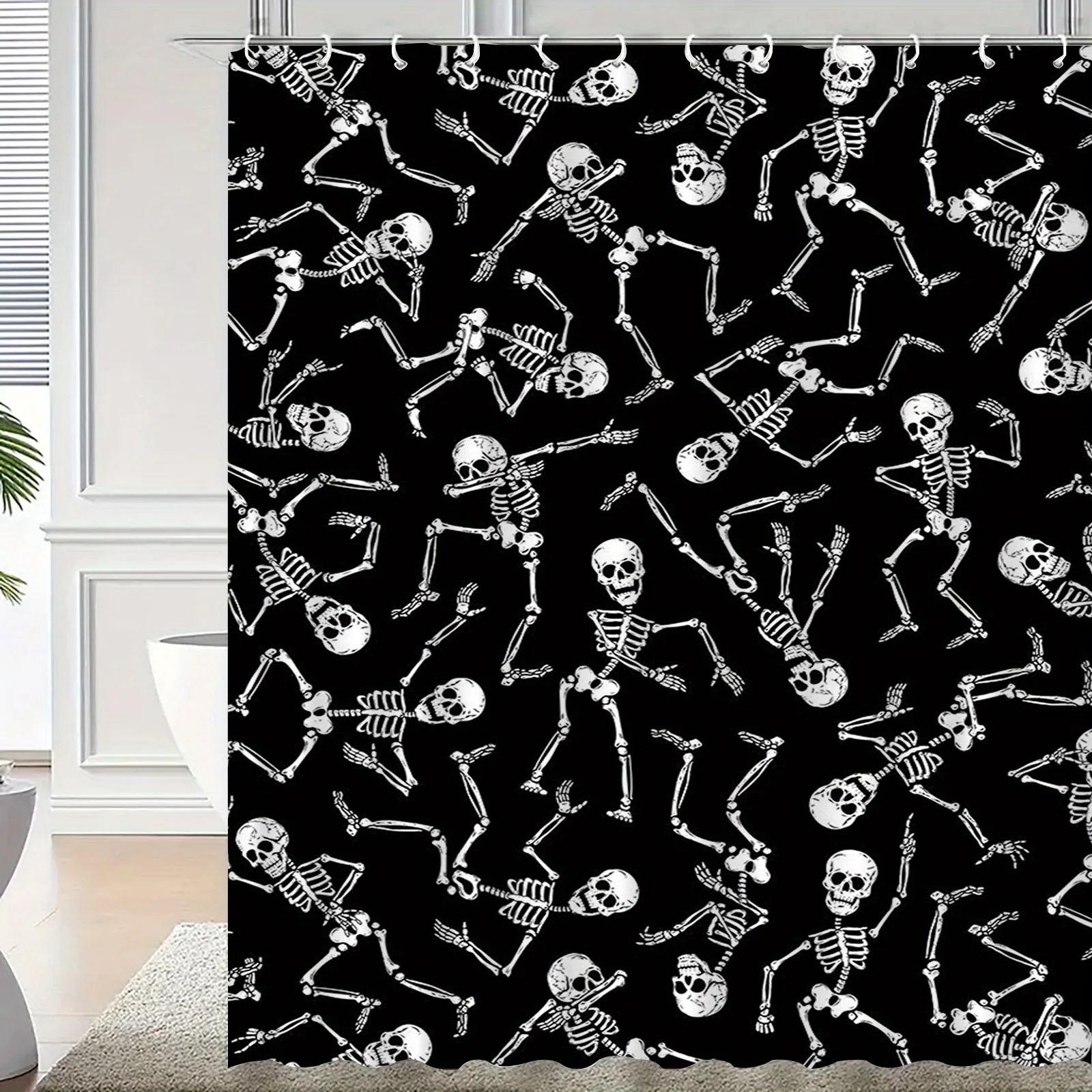 Skeleton Pattern Shower Curtain with Hooks, Washable Polyester Fabric, Artistic Gothic Design, Machine Washable Bathroom