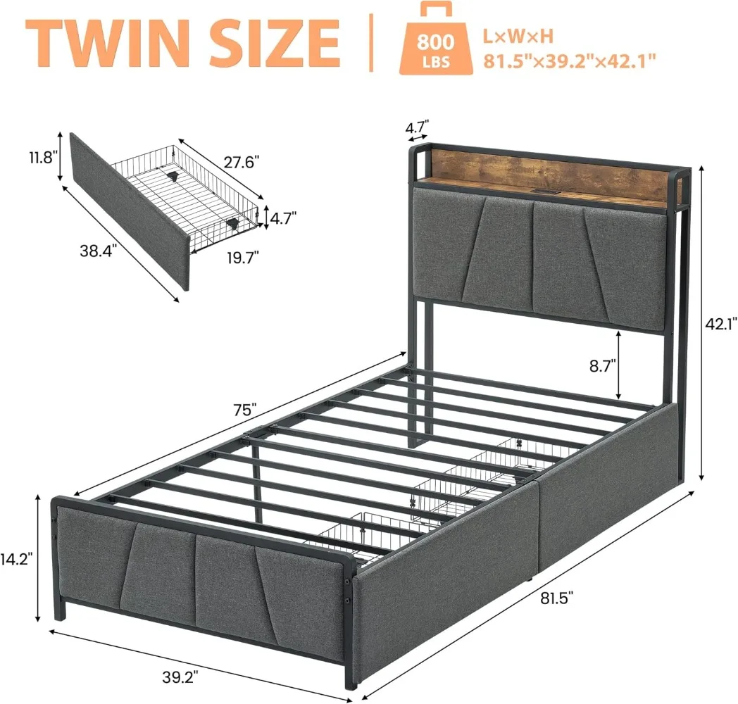 GAOMON Twin Size Bed Frame with 2 Storage Drawers and Charging Station, Rustic Linen Upholstered Platform Bedframe with