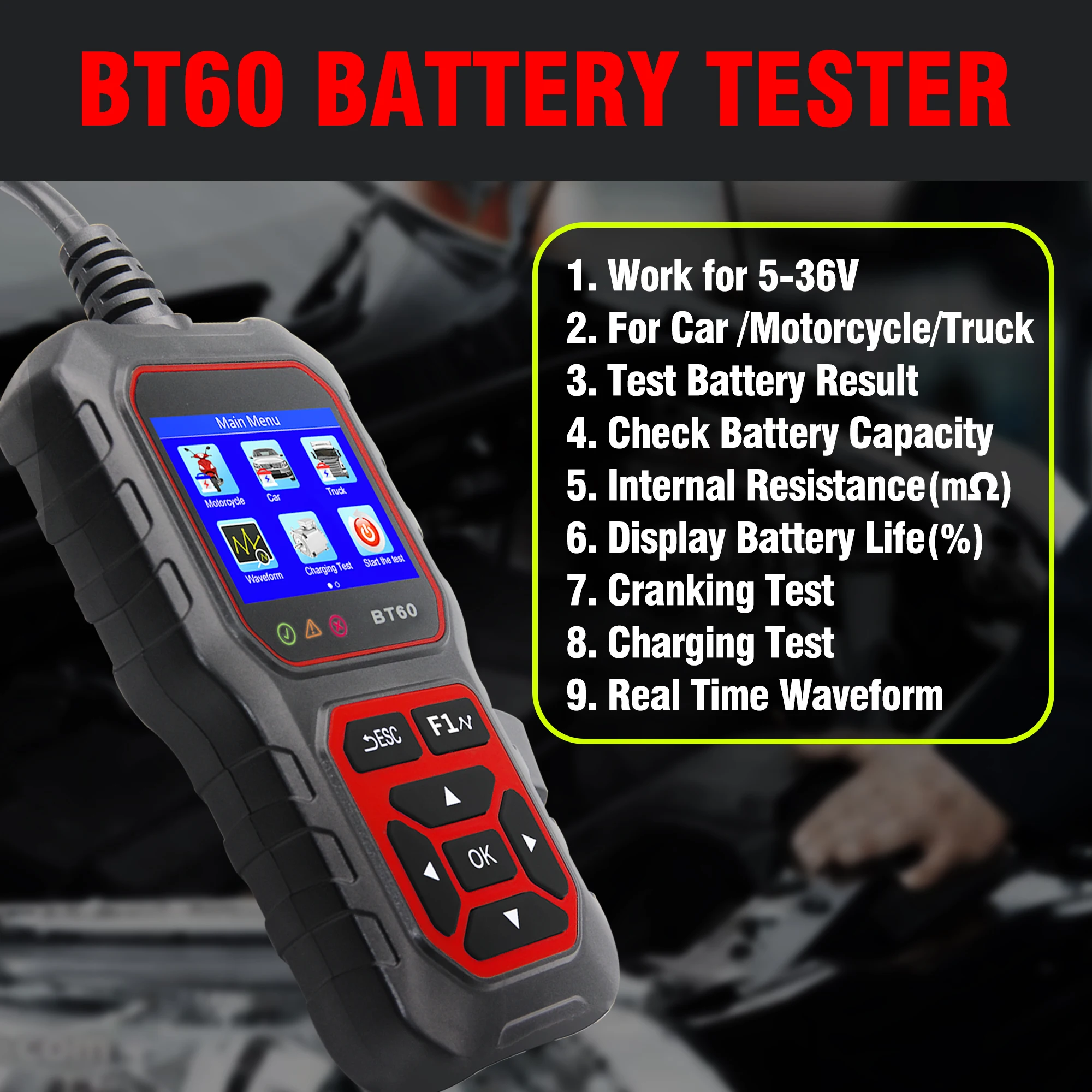 12V/24V Automotive Battery Tester Digital Auto Battery Analyzer Charging Cranking Tester for Car Truck Motorcyle Vehicle RV