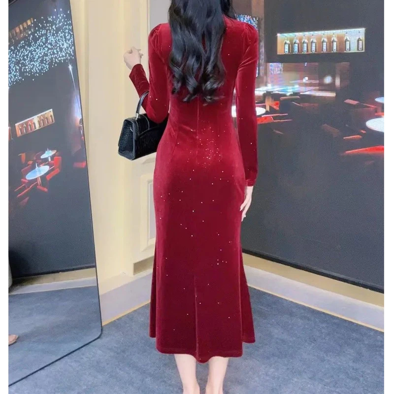 Women Vintage Fashion Ruffles 3D Flower Design Elegant Party Dresses Autumn Winter Ruched Long Sleeve Bodycon Midi Dress Vestido