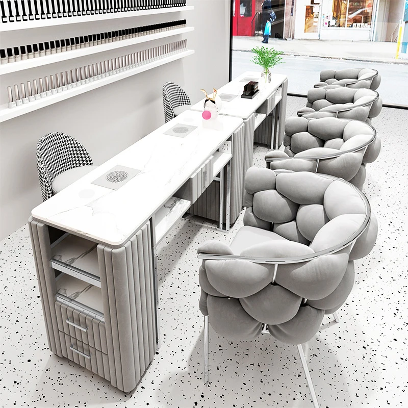 Professional Salon Furniture Metal Frame Marble Top Nail Tech Table Manicure Table and Chair