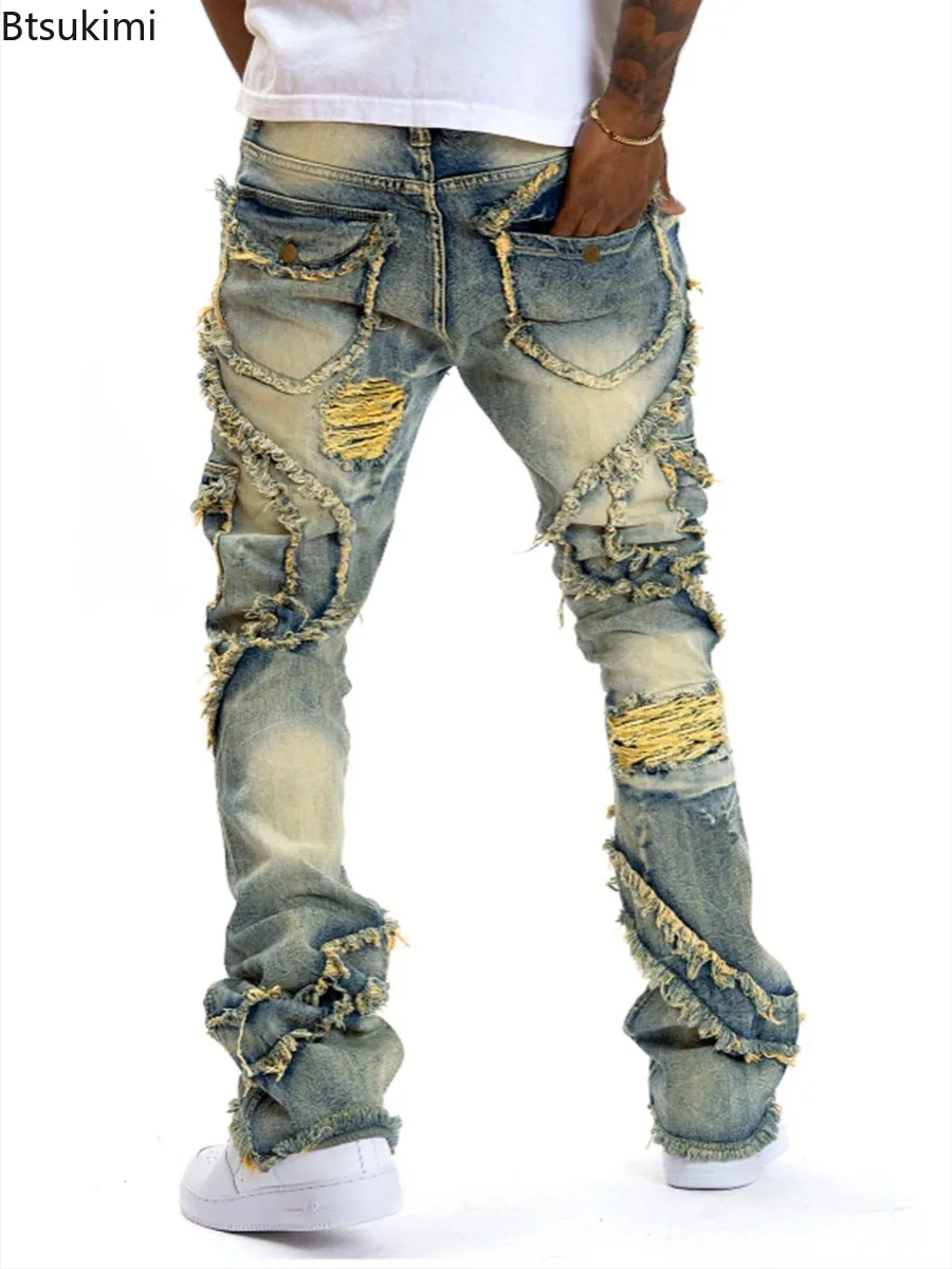 New Men's Ripped Hole Jeans Slightly Flared Tassel Elastic Slim Denim Pants Fashion Hip Hop Streetwear Men Retro Casual Trousers