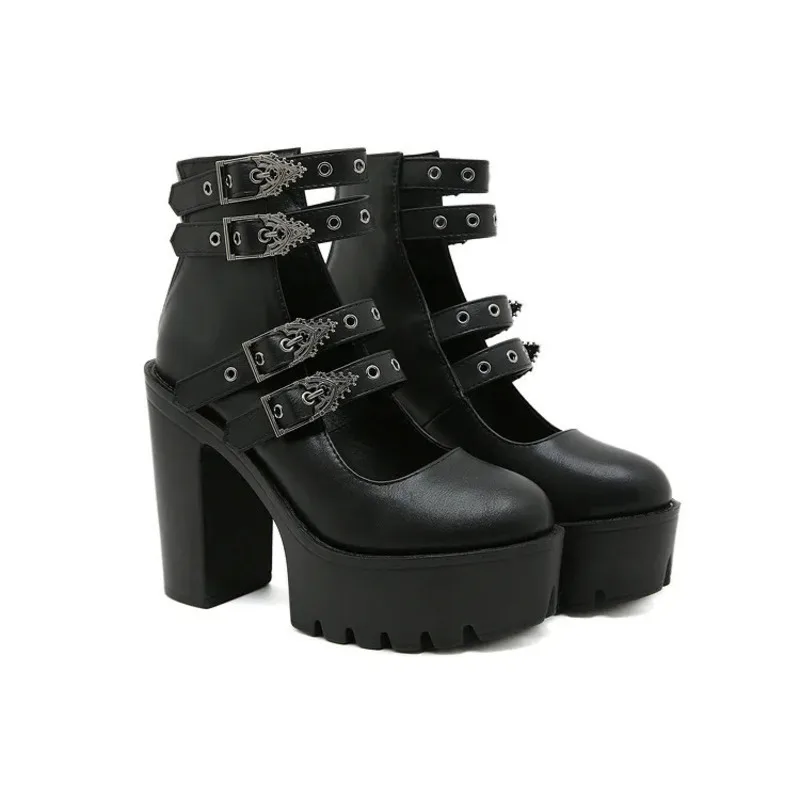 New Alien Punk Rivet Buckle Boots Thick Heel Waterproof Platform Personalized Fashion Women's Sexy High Heels Women Shoes Pumps