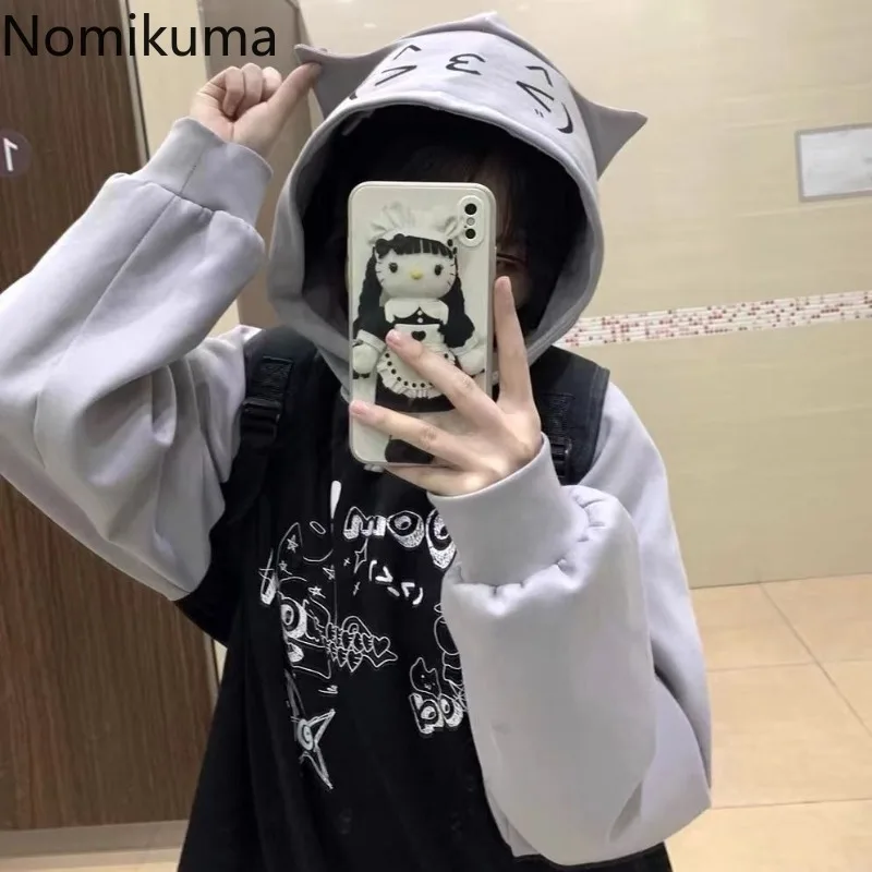 Streetwear Women Hoodies Cute Y2k Tops 2024 Ropa Mujer Cat Print Anime Hooded Sweatshirts Casual Chic Japanese Oversized Hoodie