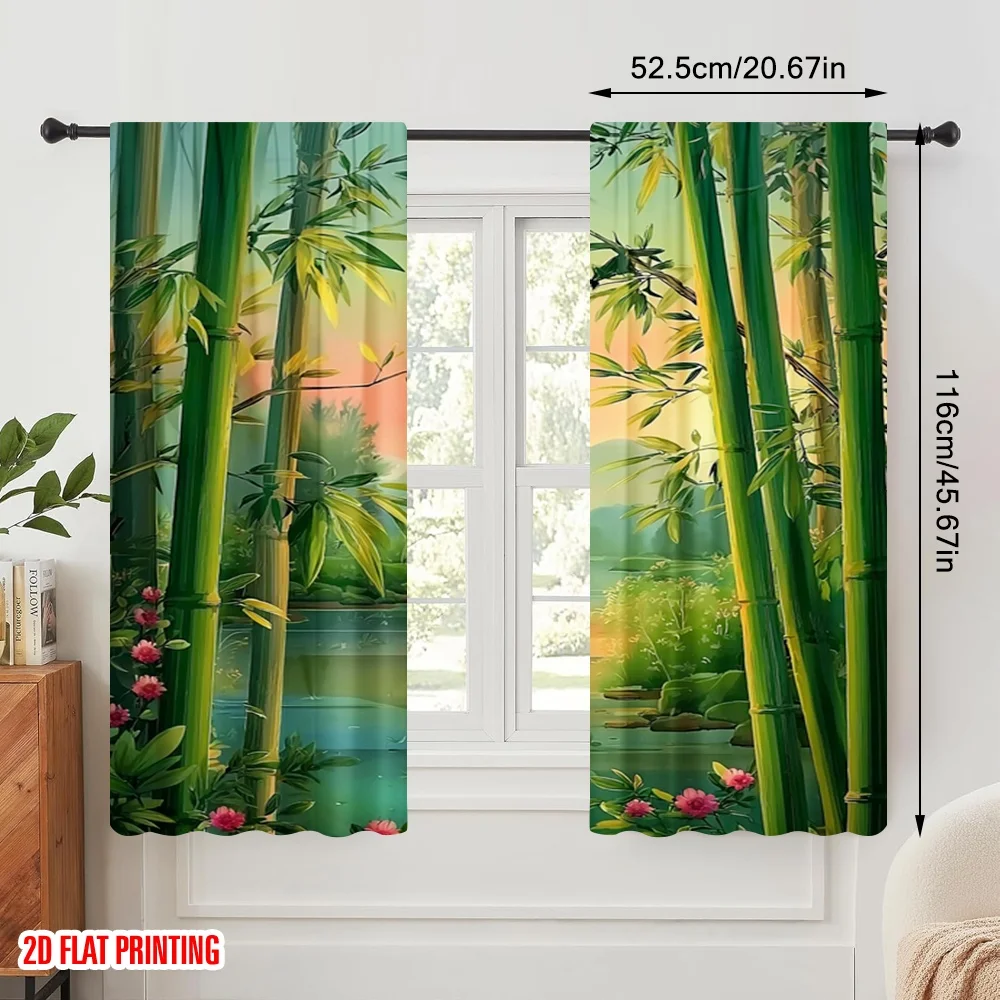 2pcs 2D flat printing Curtains Chinese Bamboo Lotus Landscape Natural Scenery Polyester Without Electricity Festive Wall Decor