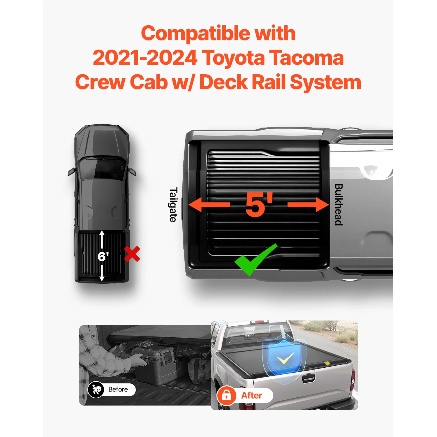 Retractable Tonneau Cover, 5.0 ft Retractable Tonneau Cover with Built-in Drainage Pipe for 2021-2024 Toyota Tacoma Crew Cab w/ Deck Rail System, Hard Tonneau Cover with Double-Lock & T-Slot