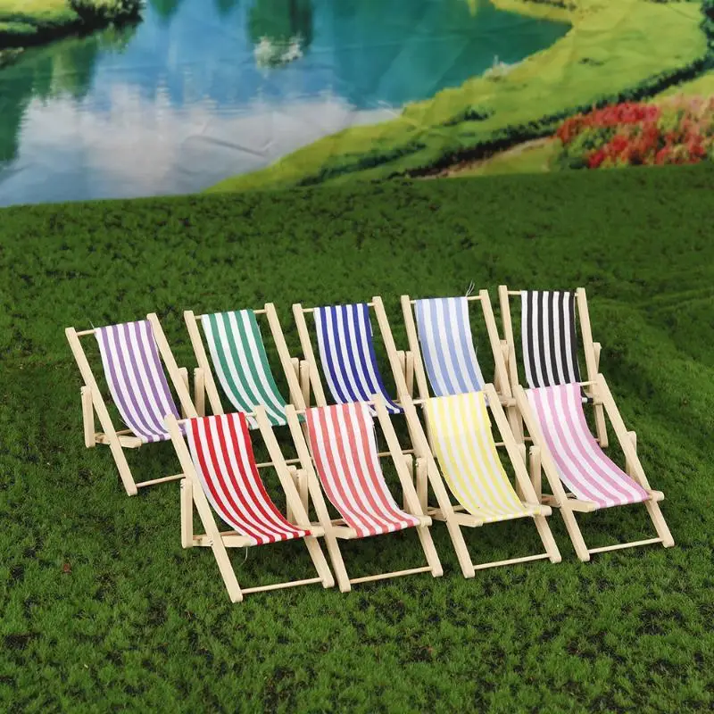 // 1Pcs 1:12 Dollhouse Miniature Beach Chair Toy Striped Plastic DIY Foldable Deckchair For Dolls Decor