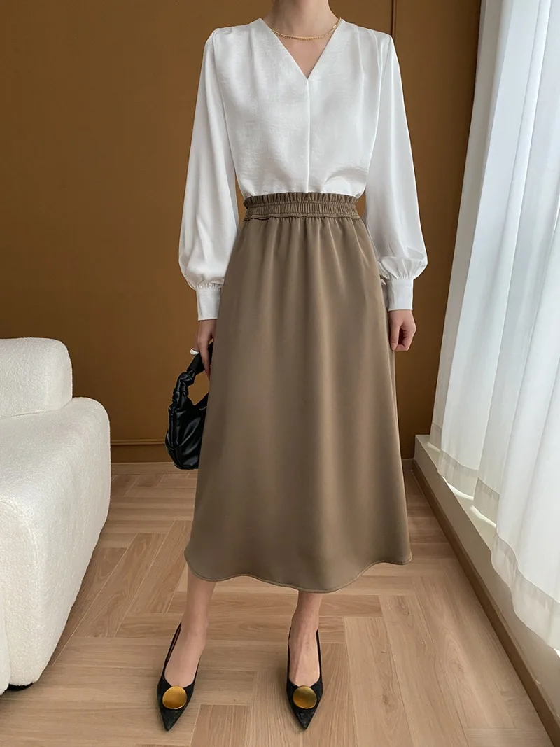 French Style Office Lady Satin Skirts High Waist Pleated Chic Sweet Solid Jupe Female 2024 Spring New Elegant Faldas Mujer