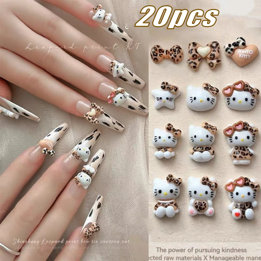 20Pcs 3D Sanrio Leopard Print Hello Kittys Nail Charms Cute Cartoon Cat Star Bow Designs for Creative DIY Manicure Decorations