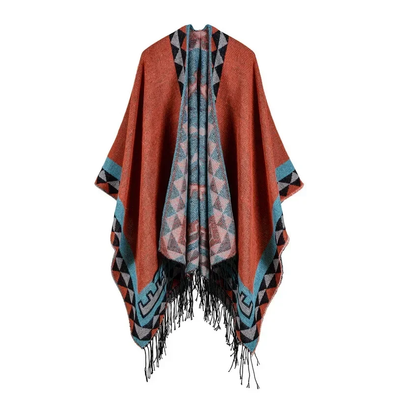 Women's  Tassel Imitate Cashmere Shawl  Autumn Winter Can Be Thickened Wear on Both Sides Lady Ponchos Capes 2