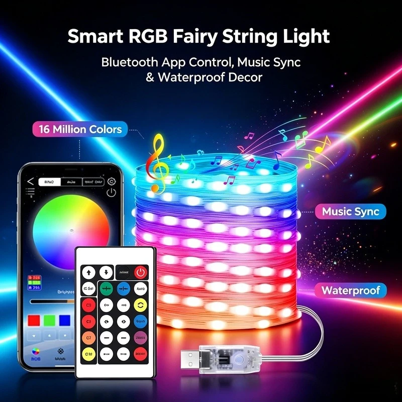 Smart RGB String Lights 5M/10M/20M, App Controlled USB Fairy Lights with Music & Voice Sync for Christmas Decor