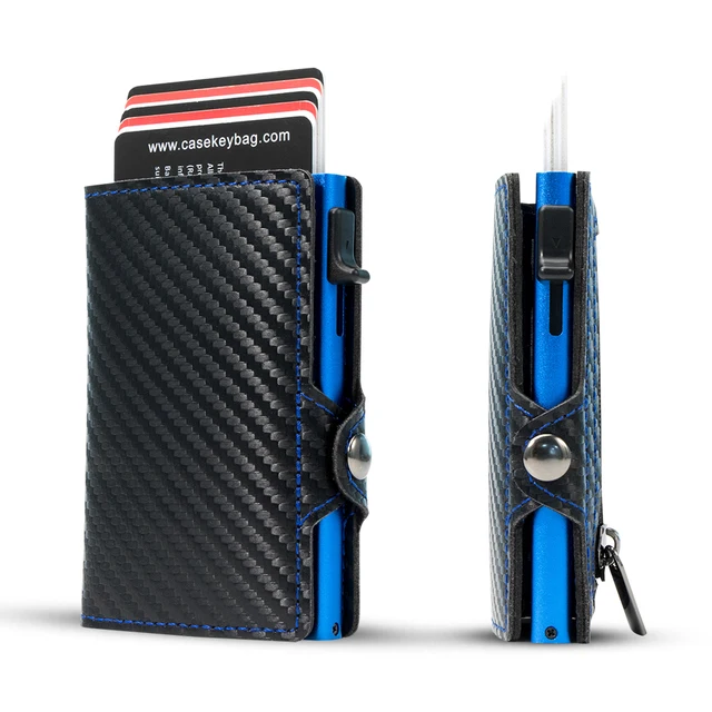 CASEKEY New Men Wallet Anti Rfid Carbon Fiber Leather Pop Up Card Holder Mini Smart Wallet z portmonetką Billetera Hombre