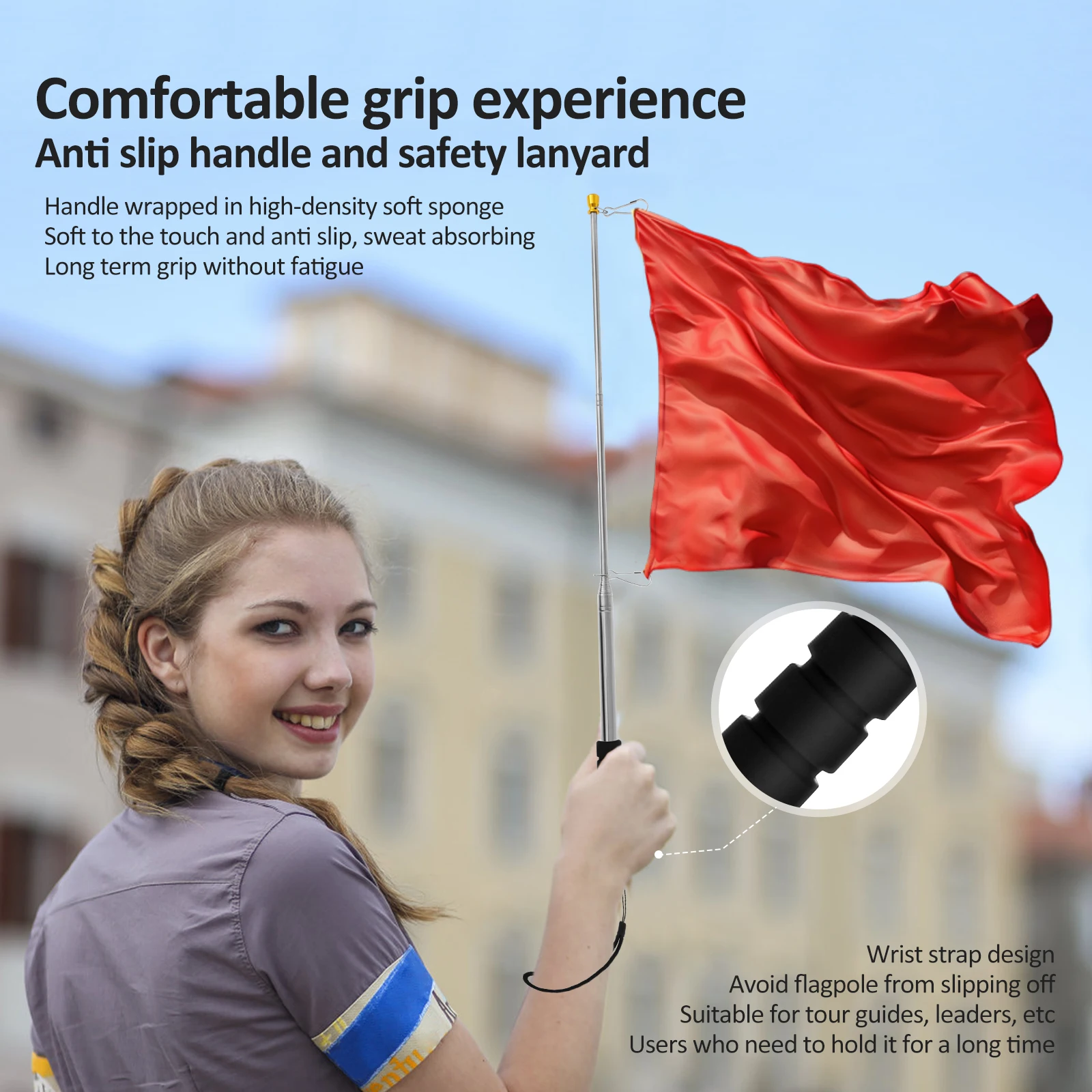 2.5M Telescopic Handheld Flagpole Tour Guide Flag Pole Stainless Steel Extendable Garden Banner Teachers Pointer Flag Pole