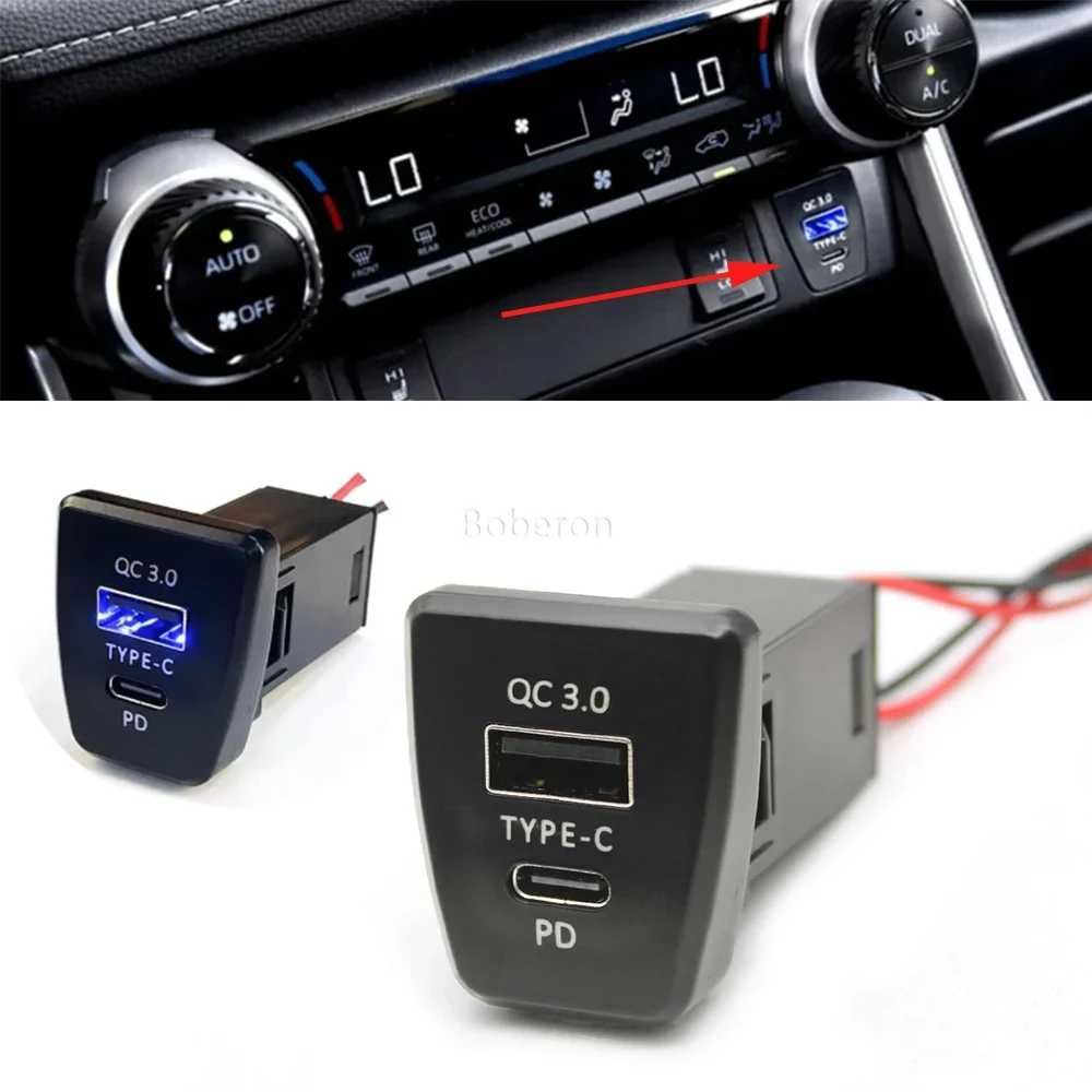 Car Dual USB C PD Charger QC3.0 12V Cigarette Lighter Socket Quick Charging Interface Adapter Button For TOYOTA RAV4 20-23