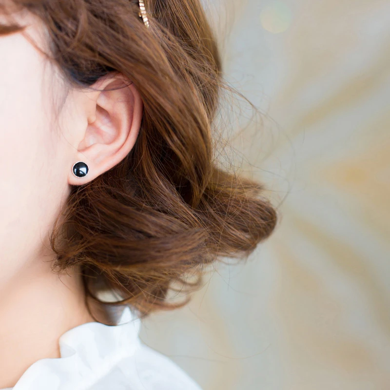 Modian Genuine 925 Sterling Silver Round Black Enamel Stud Earrings for Women Girl Fashion Classic Earrings Jewelry Gift