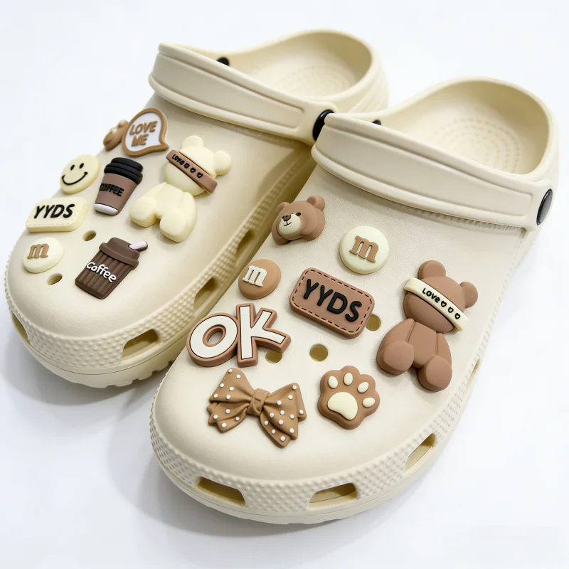 19PCS Brown Bear Shoes Charms Set Cute Smile Coffee Shoe Accessories PVC Clog Decorations for Sandals Perfect Gift for Party