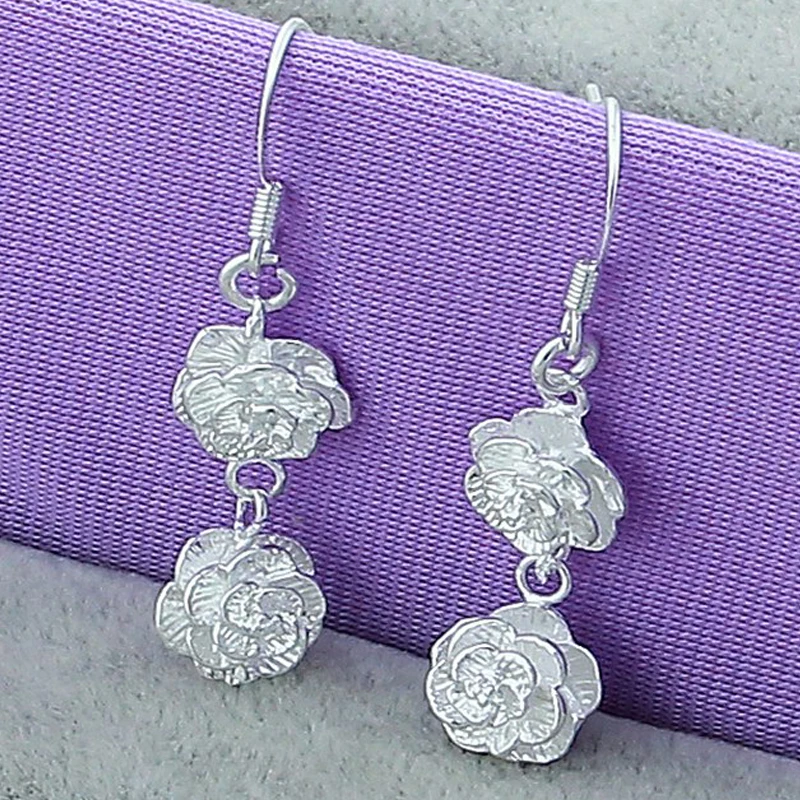

925 Sterling Silver Rose Flower Drop Earrings For Woman Wedding Engagement Fashion Party Charm Jewelry