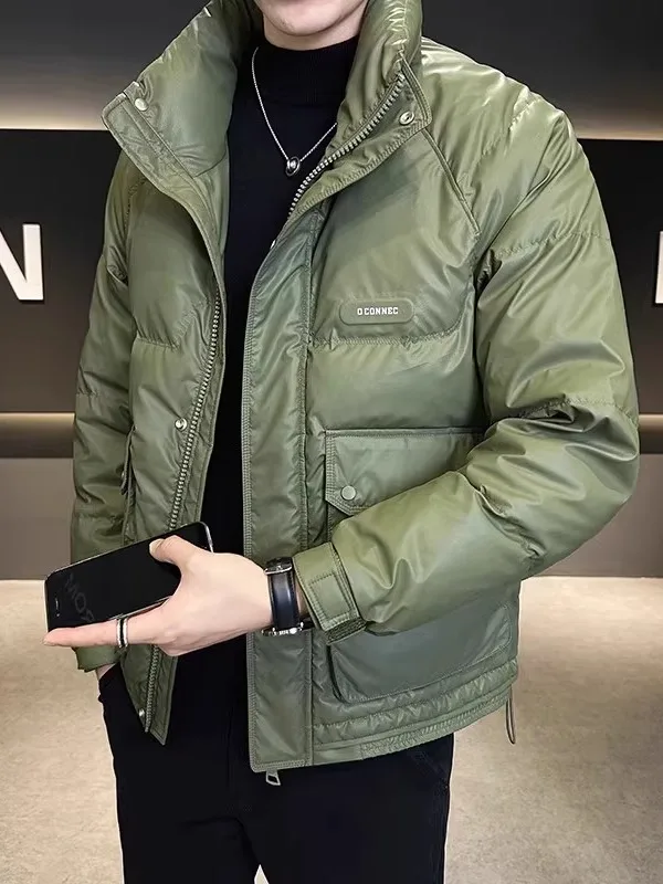 Jaet de plumón de cuero para hombre Invierno Thiened ort Sle Abrigo con cuello levantado Youth Faion Nuevo 2025 Ci Casual Blanco Du...