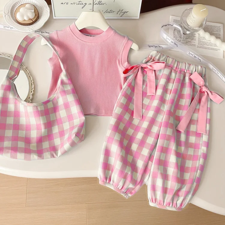 Toddler Girls Summer Plaid Set Ribbed Sleeveless Tank + Bow Decorated Gingham Pant Soft Breathable Casual Outfit for Little Girl