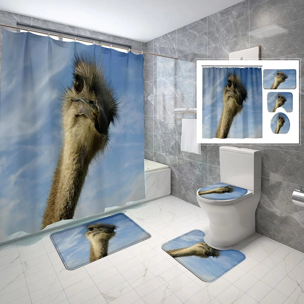 4 Pcs Ostrich Shower Curtain Sets Wildlife Macro Plumage Animal Non-Slip Bath Mat Waterproof Shower Curtain Toilet Cover Sets