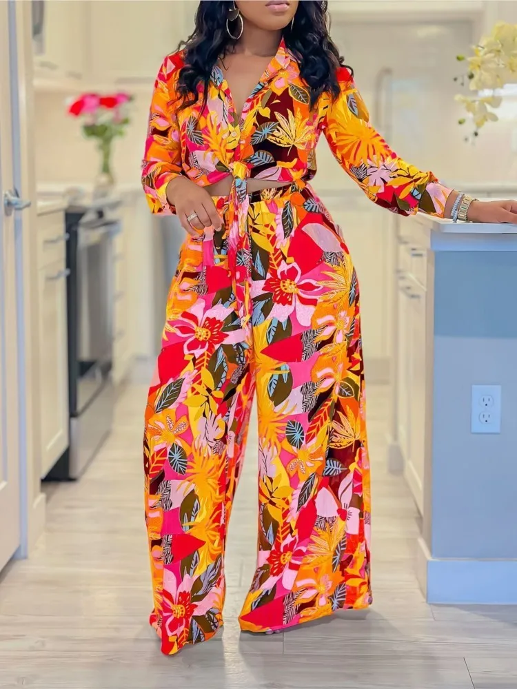 Fashion Long-sleeved Lapel Cardigan Top + Wide-leg Pants 2-piece Set For Women Autumn Lace-up Floral Printing Loose Suit Female