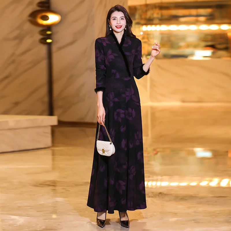 

New Women Autumn Winter Plus Velvet Long Dress Fashion Patchwork Mink Fur V-Neck Long Sleeve Slim Dress Thick Overlength Dress