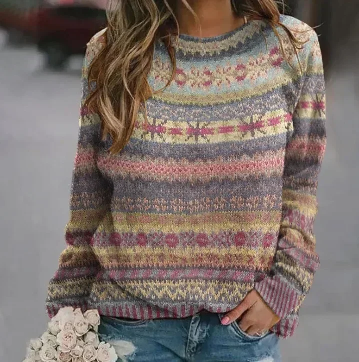 Otoño 2024 suéter de punto para mujer estampado cuello redondo manga larga mantener caliente suéteres sueltos mujer invierno Casual ropa de moda