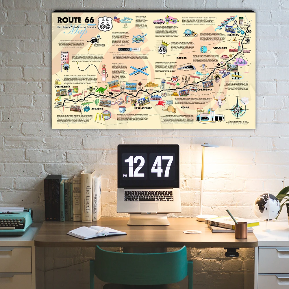 Impresión de mapa de ruta 66, marcador histórico americano de la autopista americana, póster clásico de la carretera americana, decoración Interior de lienzo