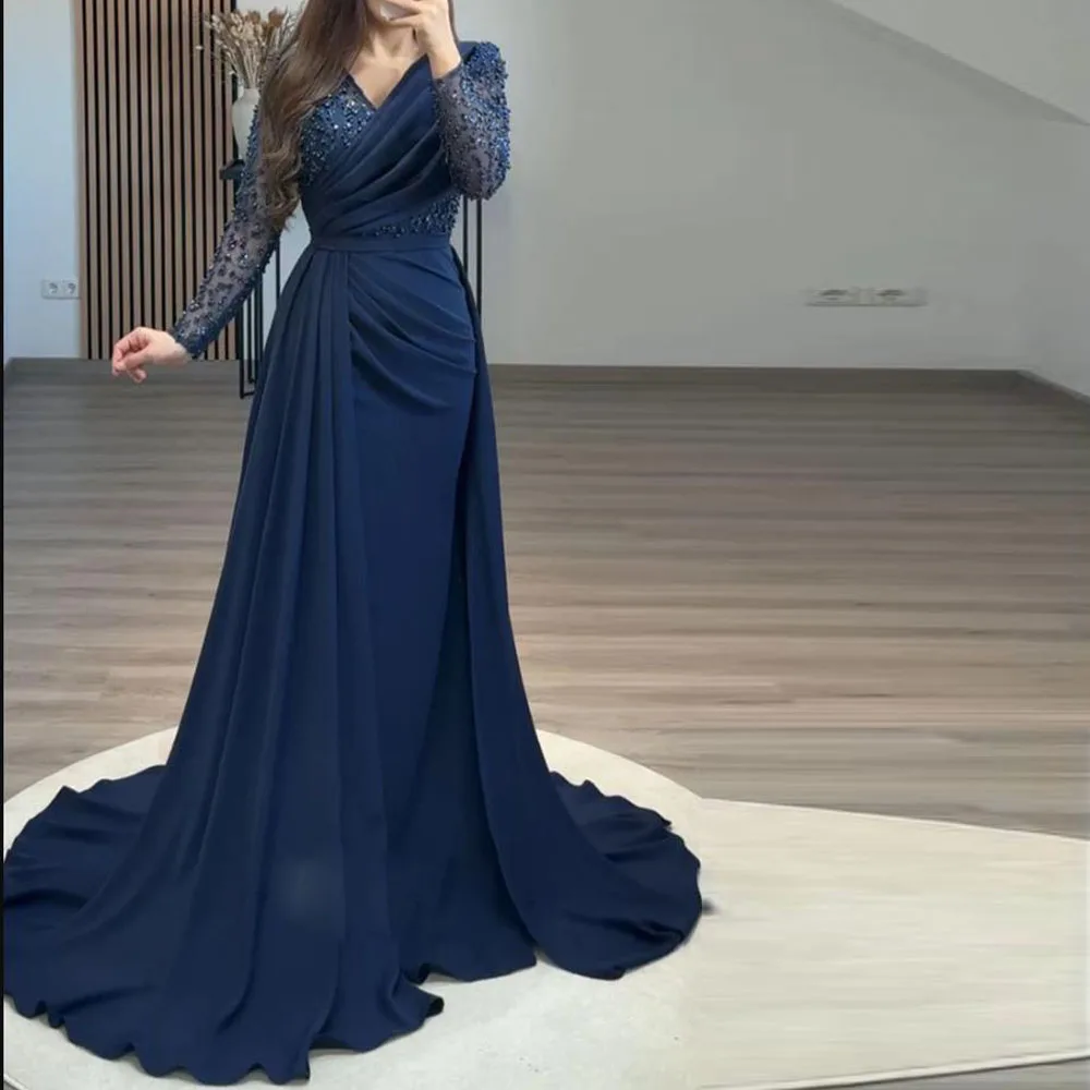 

Customized Beaded Evening Dresses with Detachable Train V Neck Long Sleeve Formal Gown Satin Mermaid Wedding Party Dress