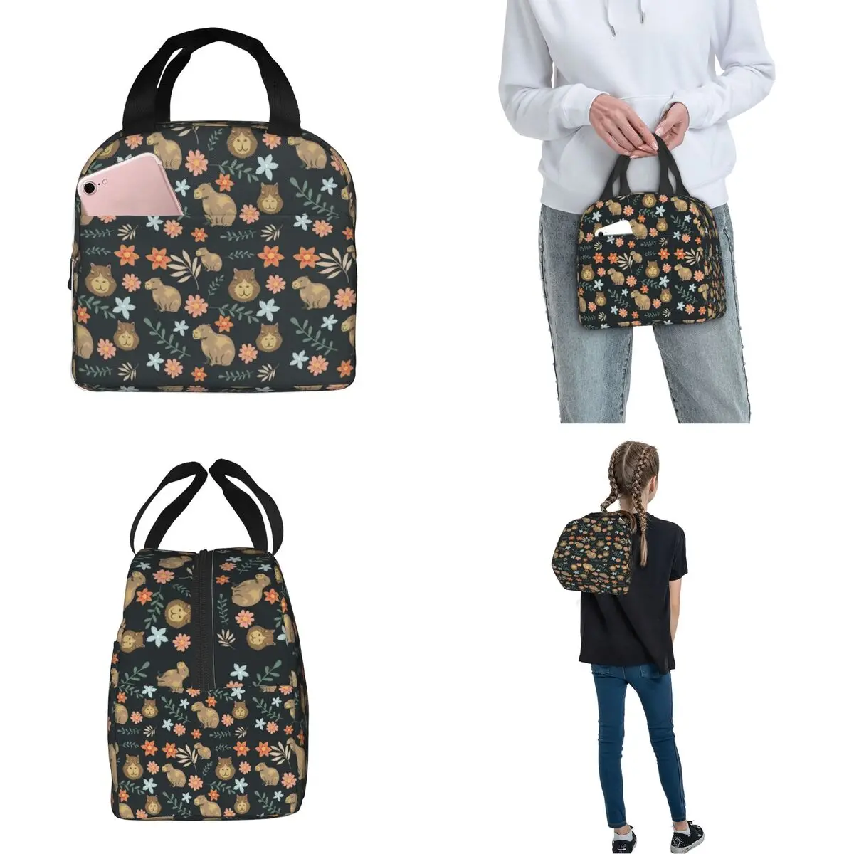 Bolsa de almuerzo con aislamiento Floral Kawaii Capybara, contenedor de comida grande para amantes de los animales, bolsa de almuerzo de mano, bolsa de viaje para la universidad