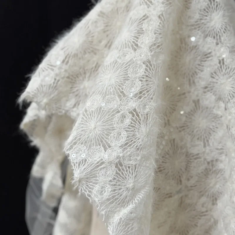 White Mohair Lace Fabric Loop Embroidery Diamond Jacquard Sheer Mesh Creative Dress DIY Material Designer Sewing Fabrics By Yard