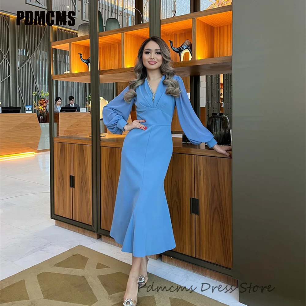 

SSYTENS Blue V Neck Casual Party Dresses V Neck Long Sleeves Evening Dress Elegant Ankle Length beading Homecoming Prom Gowns