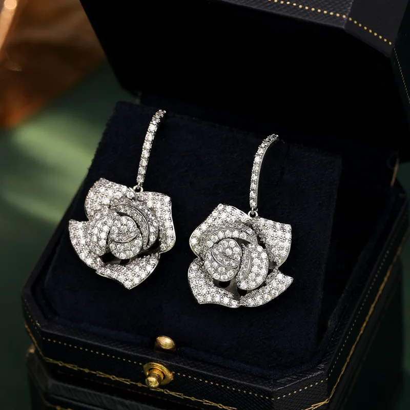 Rose Flower Charm Full Cubic Zirconia Sweet Earring Brass Material 18 K Gold Plated Luxury Earring