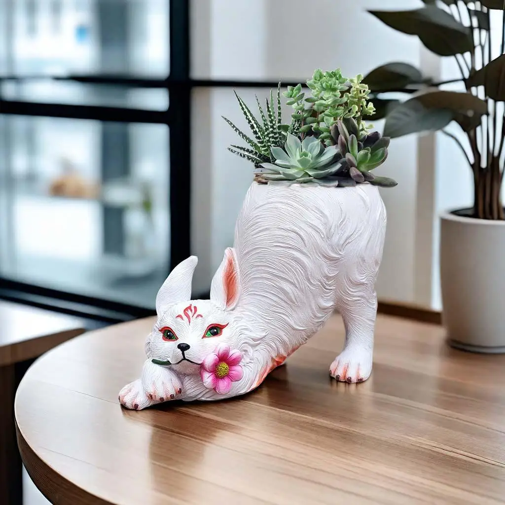 

Fox Statue Flowerpot Decorative Handcrafted Resin Versatile Gift Cartoon Fox Tail Fox Figurine Garden Flower Pot for Living Room