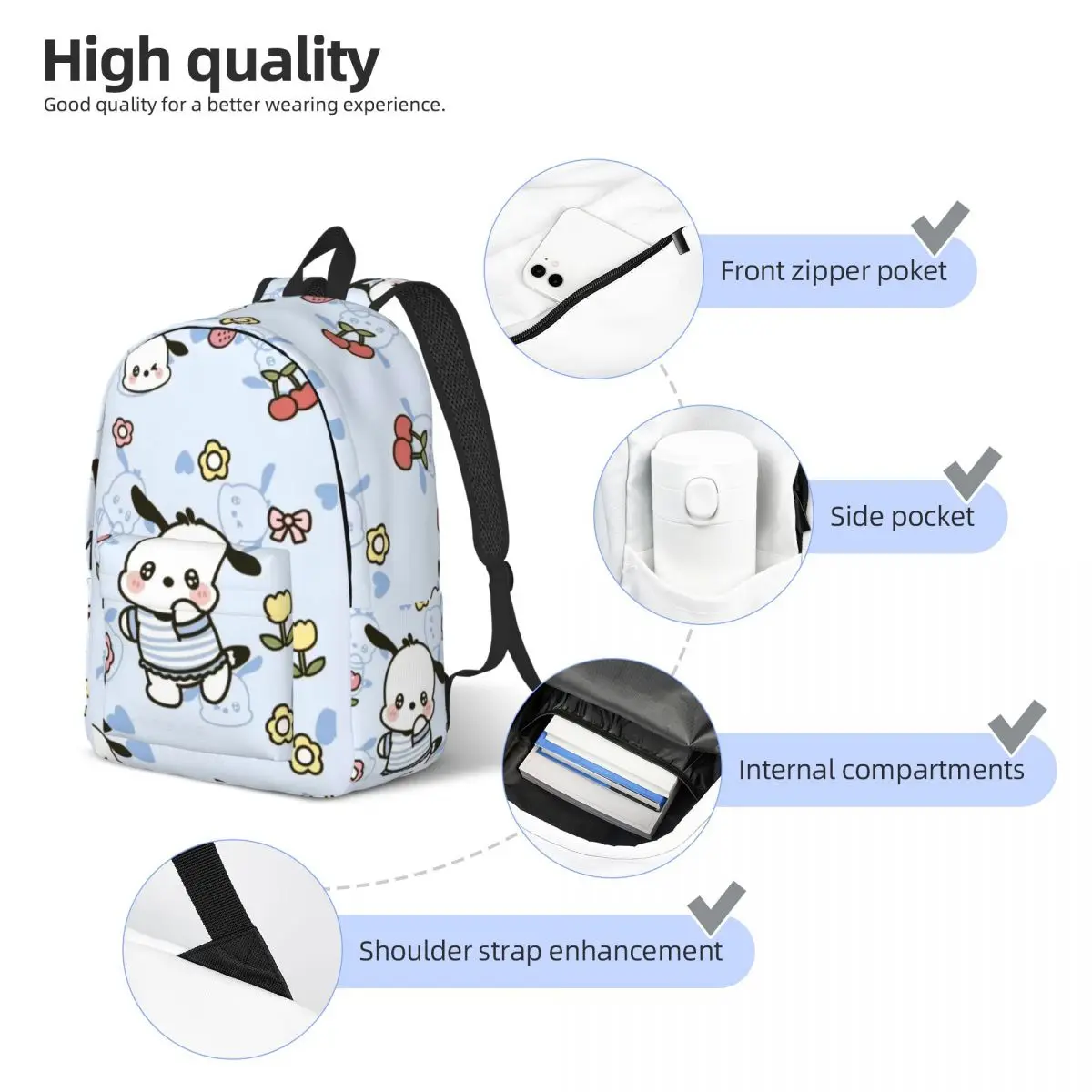 Pochacco para meninas meninos mochila de estudante de grande capacidade mochila leve à prova d'água 15 polegadas 17 polegadas