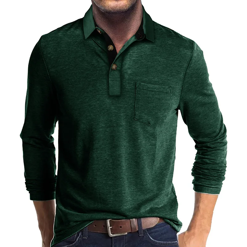Frühling Trend männer Langarm Casual T-shirt Solide Revers Button Up Pullover Tops Herbst Drehen Unten Kragen Bodenbildung Polo-Shirt – Detail 27