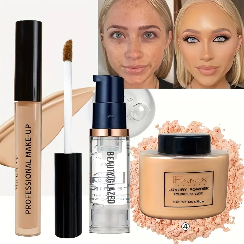 3Pcs/Set Luxury Banana Powder,Primer+Concealer,Matte Long-Lasting Waterproof Light and Breathable Oil-control Setting Powder