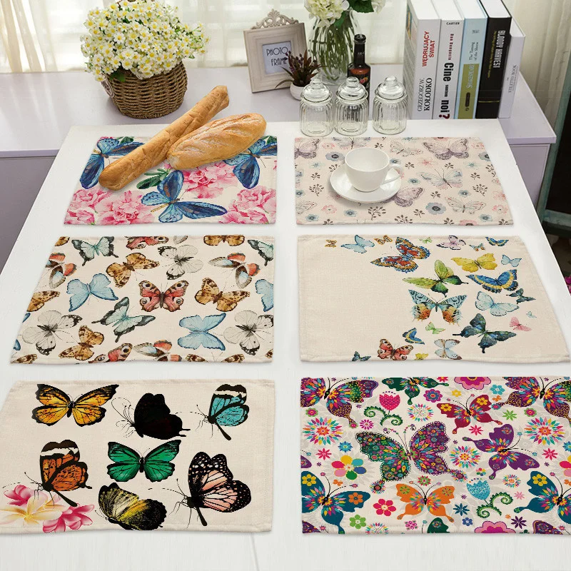 Pattern Kitchen Placemat Cotton Linen Butterfly Dining Table Mats Coaster Pad Flower Bowl Cup Mat 45*32cm Home Decor