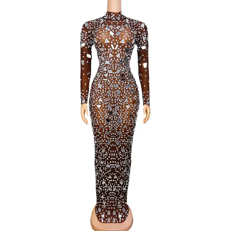 Silver Crystal Mirror Mesh Bodycon Long Dress Sexy See Through Stage Wear Evening Party Catwalk Concert Gown Performance Costume