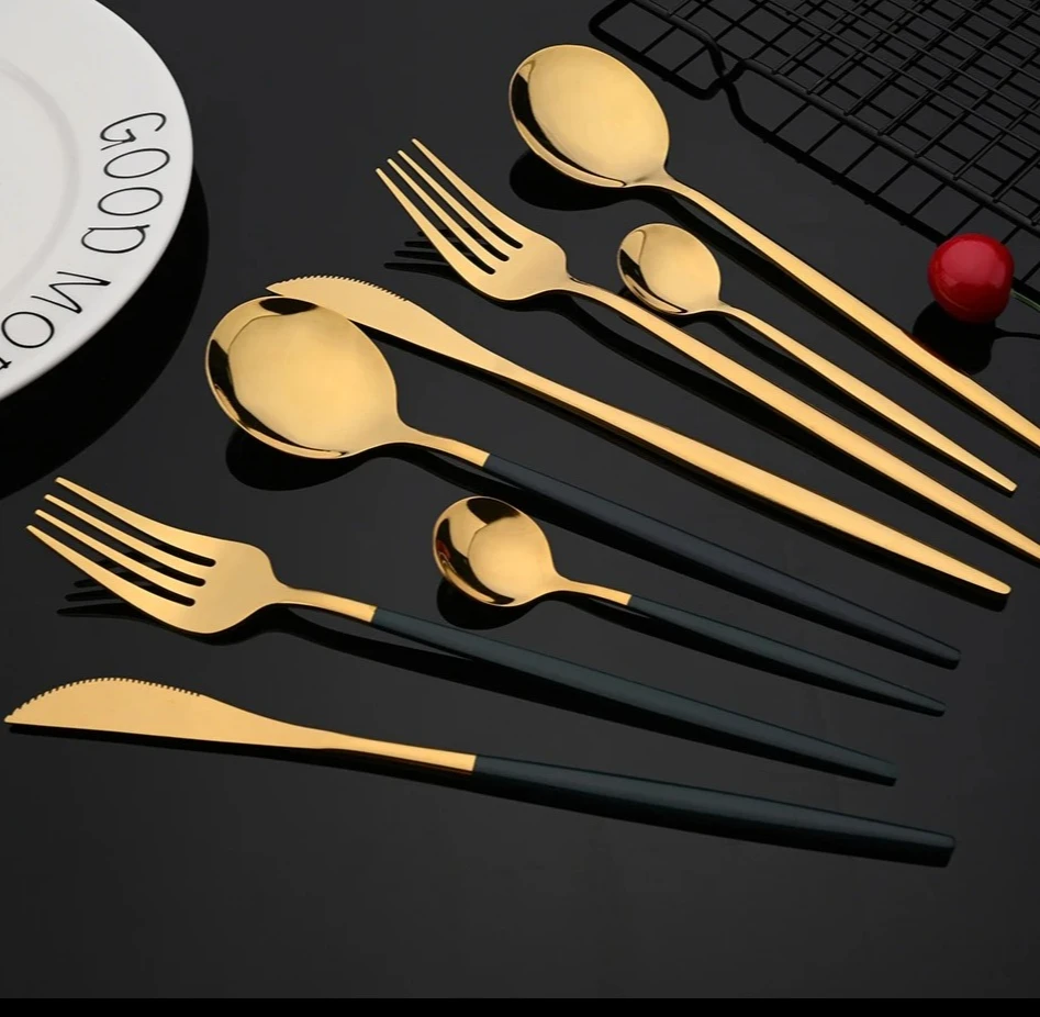

30Pcs/Set Cutlery Set Kitchen Tableware Silverware SetsStainless Steel Dinner Black Gold Dinnerware Set Knife Fruit Fork Spoon