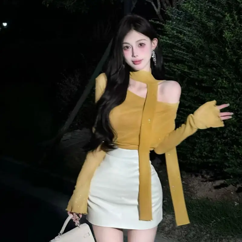 Elegant Shoulder Bared Long Sleeve Slim Fit Top for Women Pure Desire Style Trendy Design Polyester Fabric Moisture Wicking